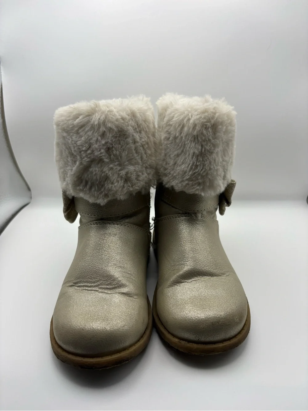 Rachel Shoes Metallic Gold Faux-Fur Cuff Kids Boots with Bow
